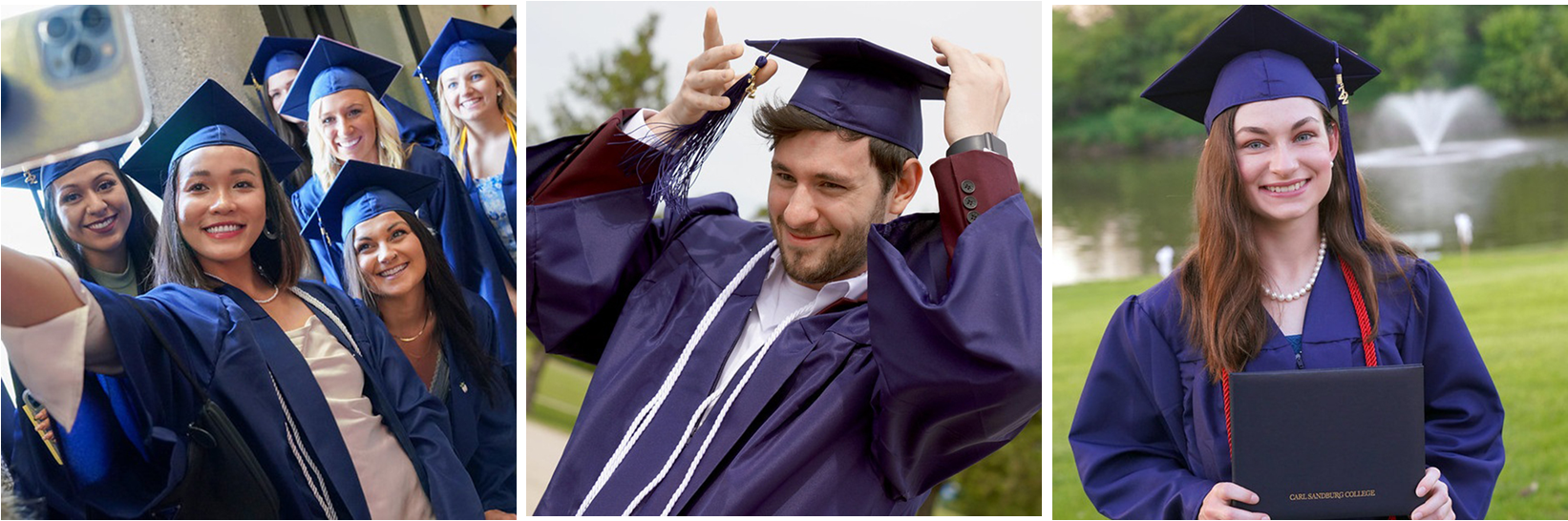 photos of student in cap and gowns at graduation.
