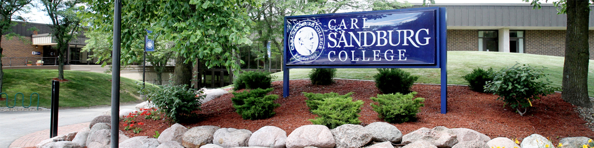 view of building D with a sign with Carl Sandburg College on it. There is flowerbed with yellow flowers.
