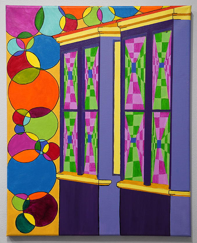 Complexity, painting of windows with pink and green squares on them, also multi colored circles around the windows.