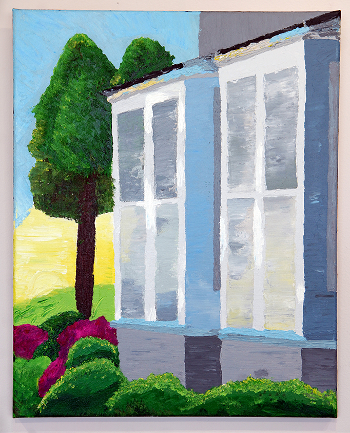 Serenity, painting of the outside of a house showing windows, with trees in background and bushes in the forground.