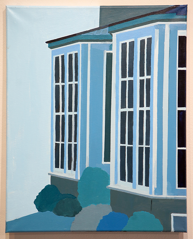 Tranquility, painting of a windows on a house with bushes in the foreground.
