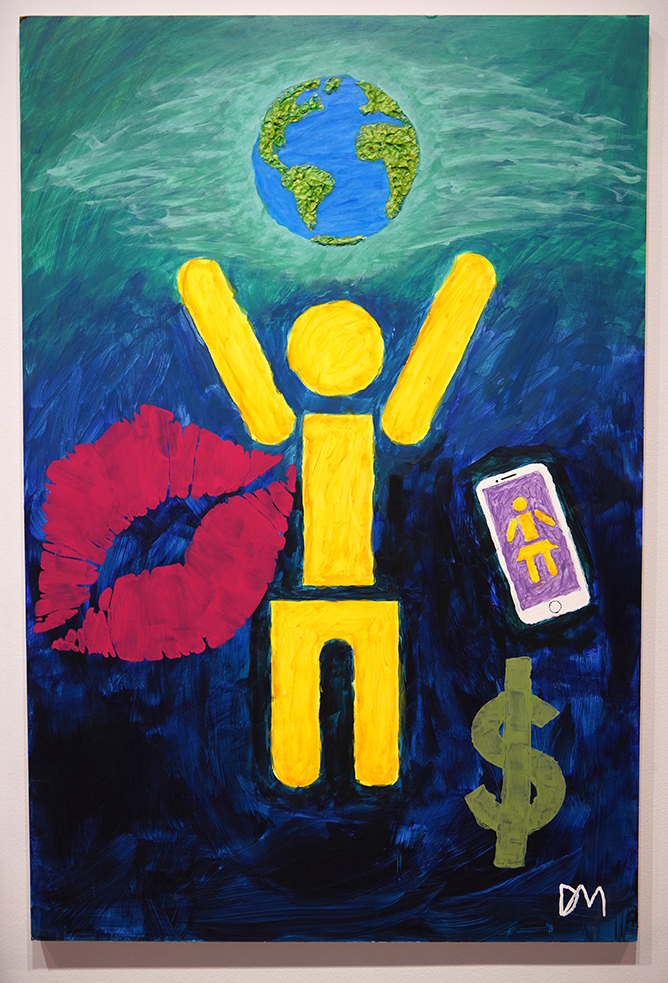 title iWorld, a painting with a image of the earth, with a yellow ballon person. Also there is a red lips and a cell phone with another balloon person on it.
