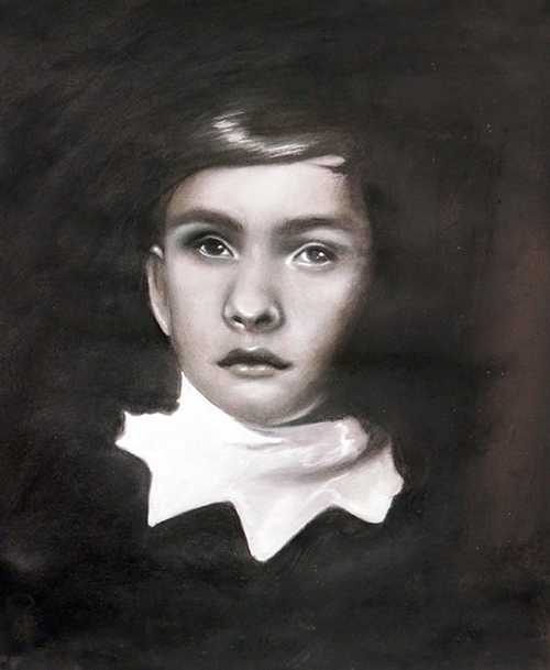 Black and white drawing of a young girl. She is wearing a black dress with a high white collar