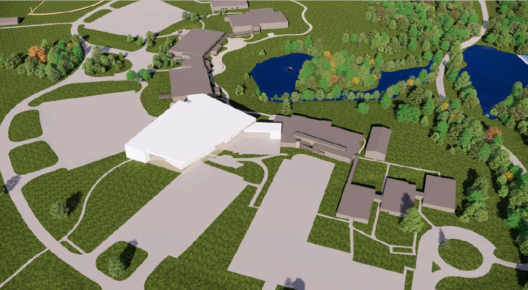 Rendering of campus with the new building integrated in the campus buildings.