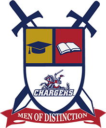 A shield with two swords crossed behind the shield. On the shield there is an image of a open book, graduation cap, a knight on a horse with the word chargers. The words men of distinction on a ribbon at the bottom of the image.