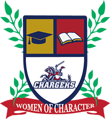 Women of character logo, a shield with a graduation cap, an open book, and the chargers sports logo.