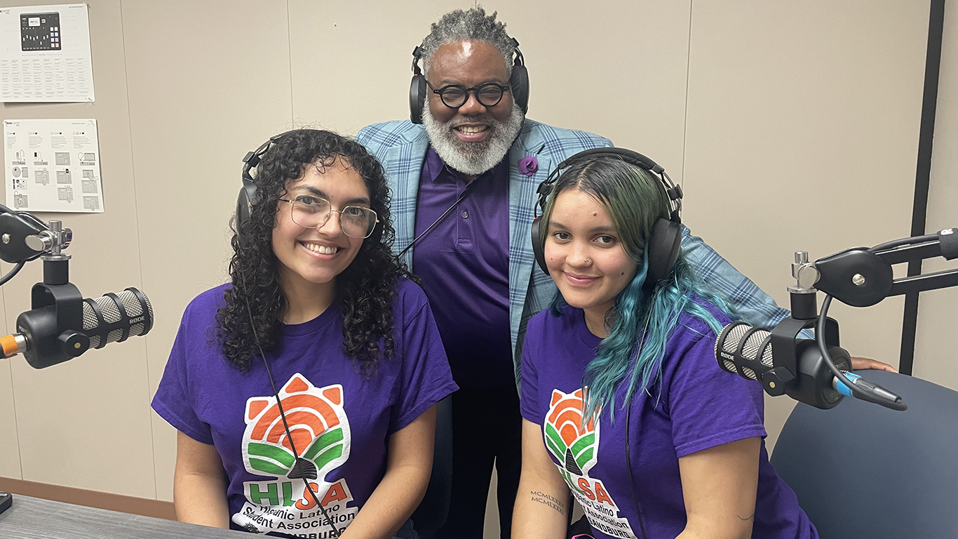 Angie Matos Collazo, Anthony Law and Neo Matos Collazo in The Sandburg Podcast studio.