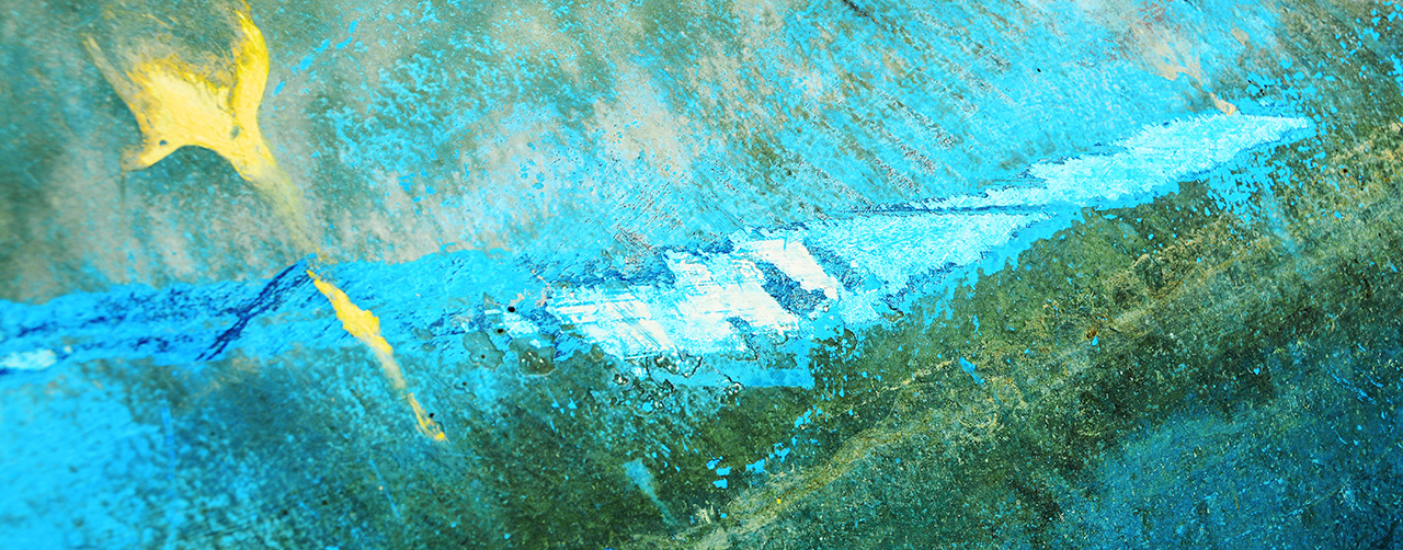 A photo of the side of a blue boat hull with some green algae.