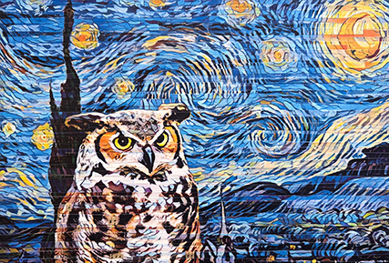 Impressionists painting of a owl and the Moon.