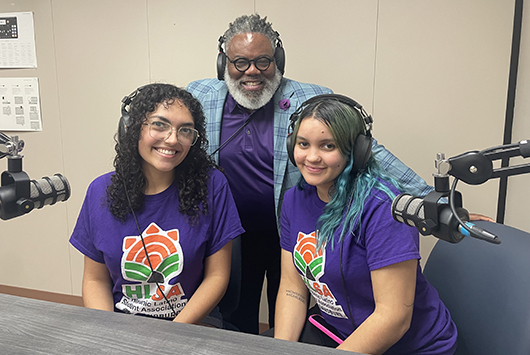 Angie Matos Collazo, Anthony Law and Neo Matos Collazo in podcast studio.