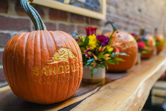 Pumpkin with Sandburg Foundation logo carved into it.
