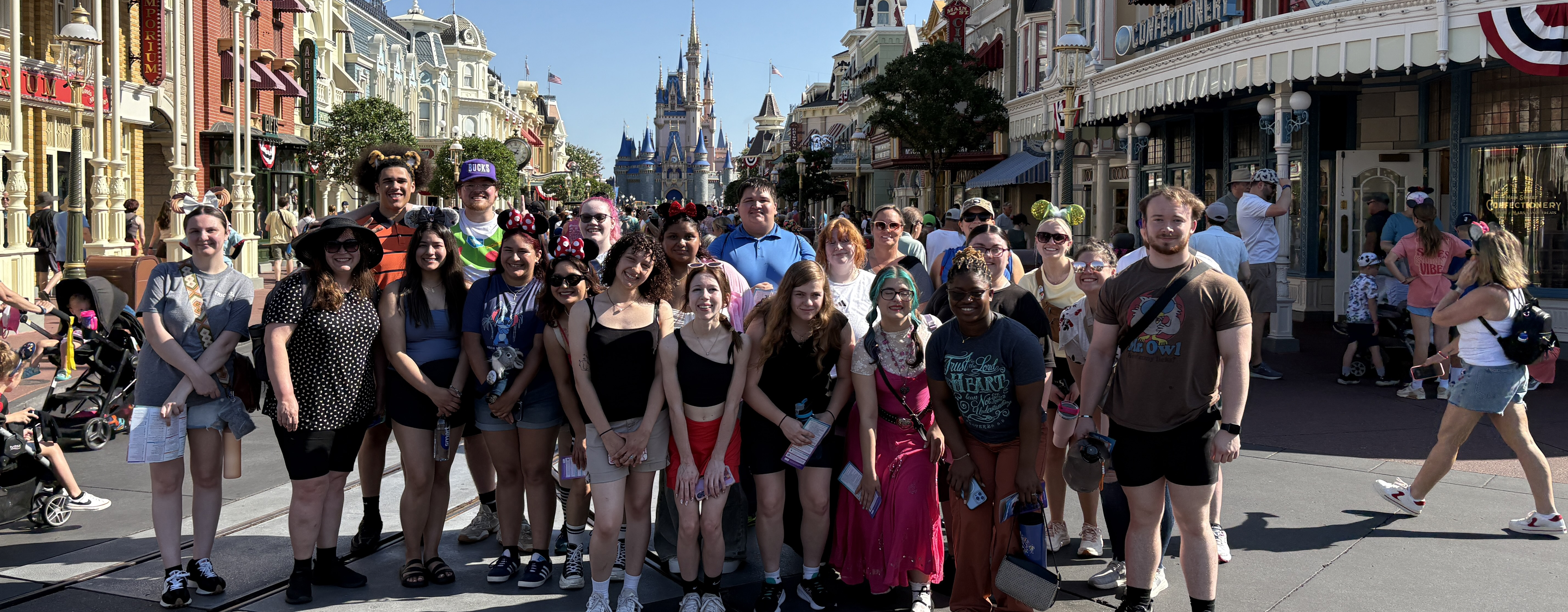large group of students standing in a group at Disney World with the castle on the background..